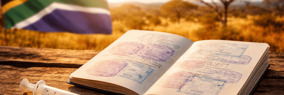 Reisepass mit Stempeln und Impfspritze vor Safari-Landschaft – Vorbereitung für Impfungen Südafrika