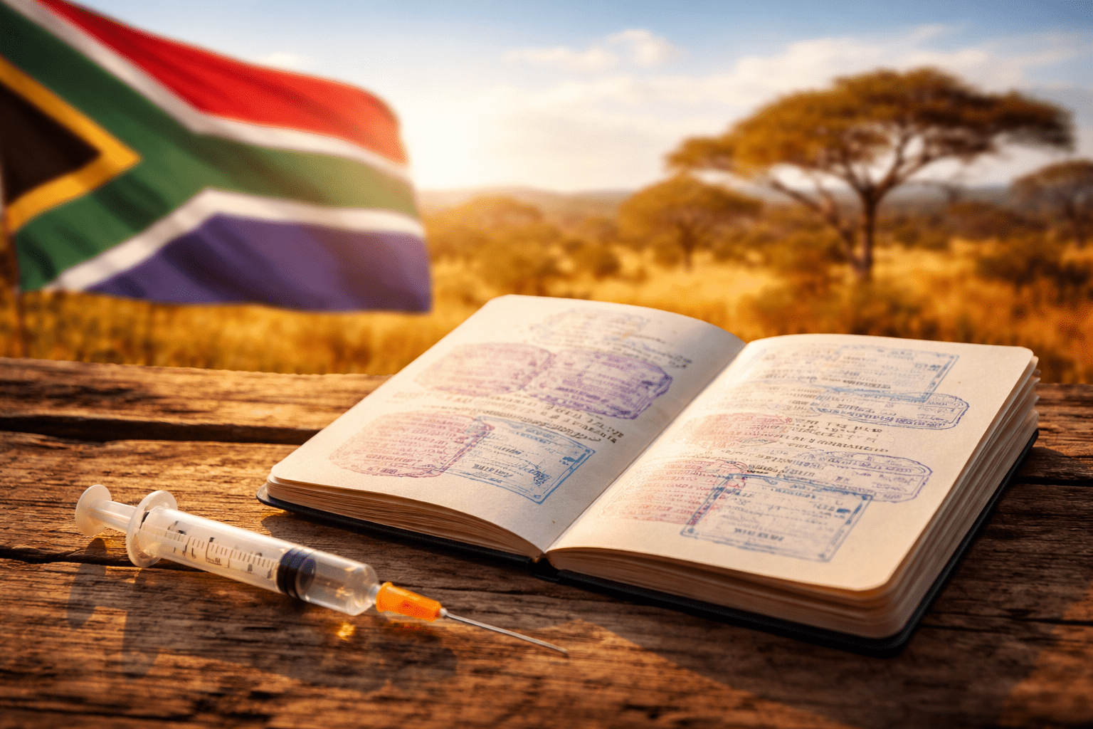Reisepass mit Stempeln und Impfspritze vor Safari-Landschaft – Vorbereitung für Impfungen Südafrika