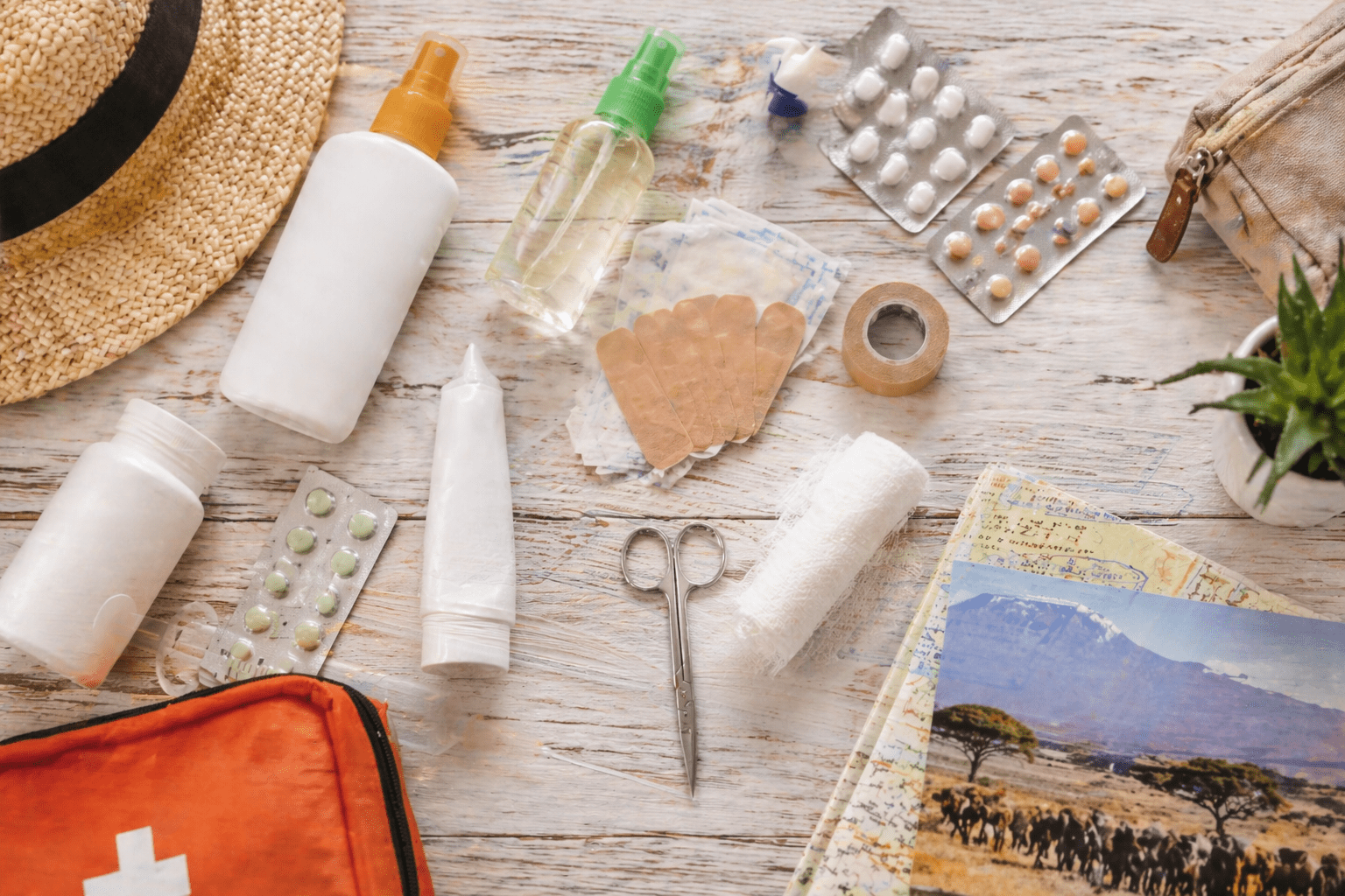 Reiseapotheke Südafrika mit Sonnencreme, Medikamenten und Verbandsmaterial auf Holzoberfläche
