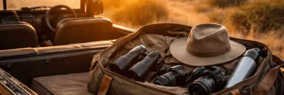 Safari Packliste mit Reisetasche, Kamera und Fernglas im Safari Jeep bei Sonnenaufgang in Afrika