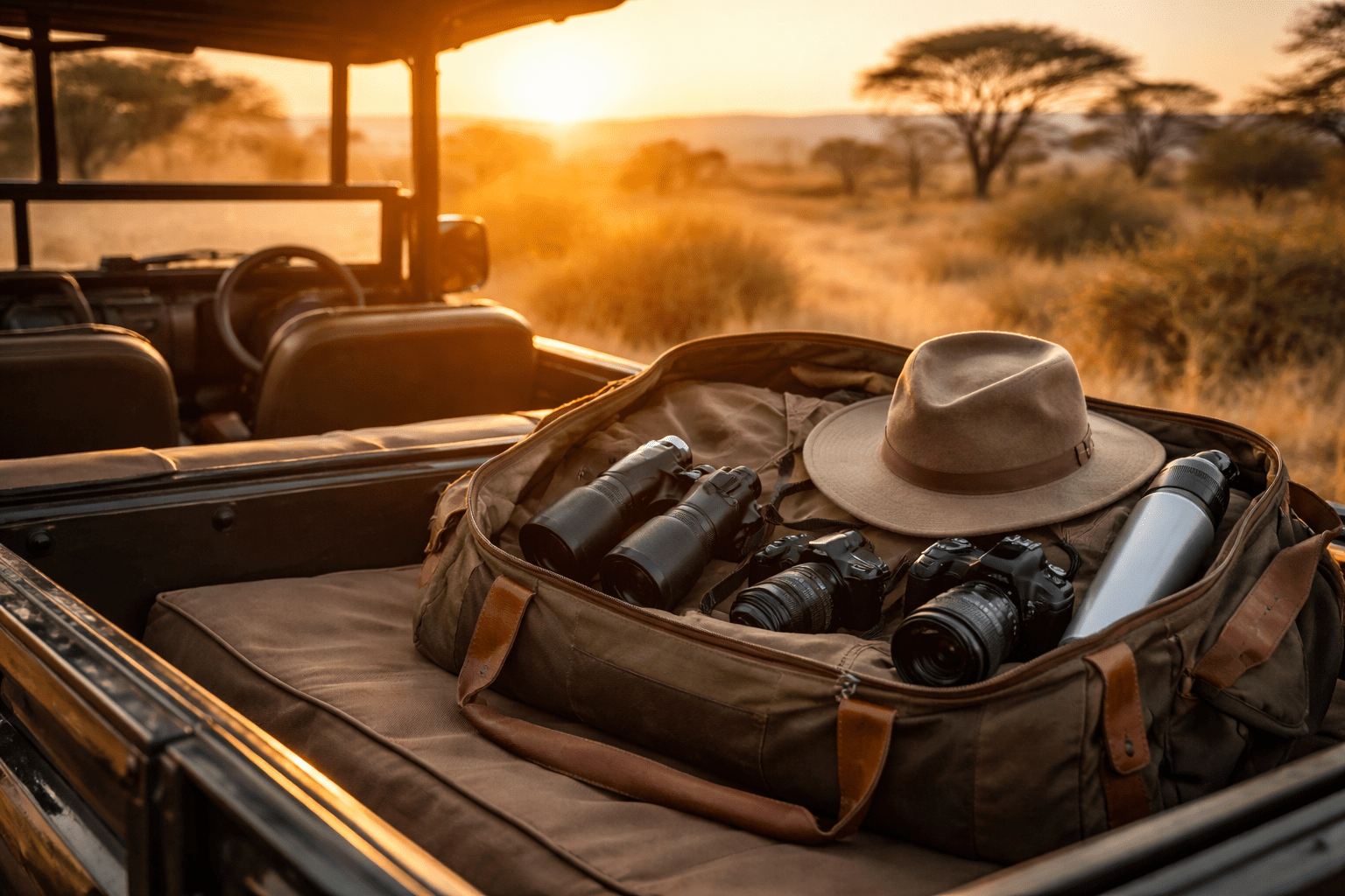 Safari Packliste mit Reisetasche, Kamera und Fernglas im Safari Jeep bei Sonnenaufgang in Afrika