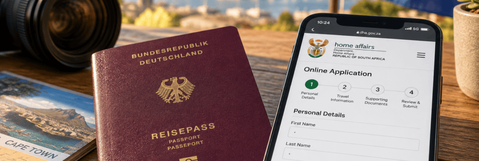 Südafrika Einreise – Reisepass und Smartphone mit SATMS Traveller Declaration Formular auf dem Display