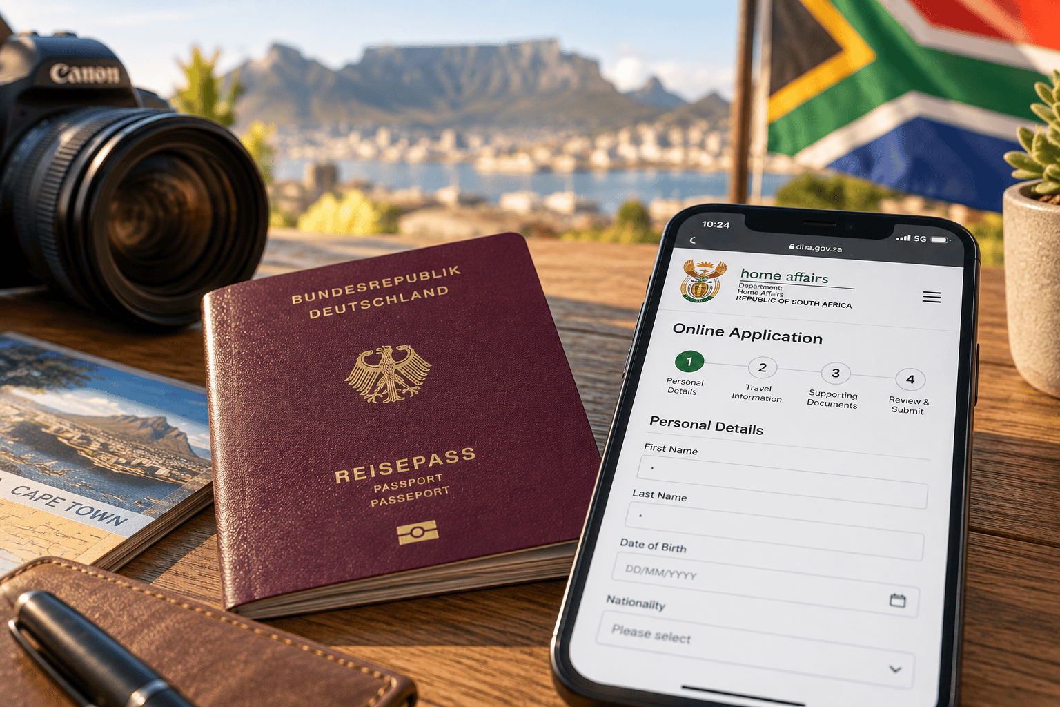 Südafrika Einreise – Reisepass und Smartphone mit SATMS Traveller Declaration Formular auf dem Display